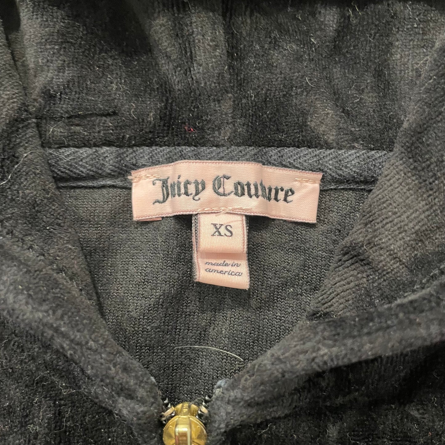 Juicy Couture Womens Black Velour Zip-Up Hoodie Pockets Embroidered Logo Size XS