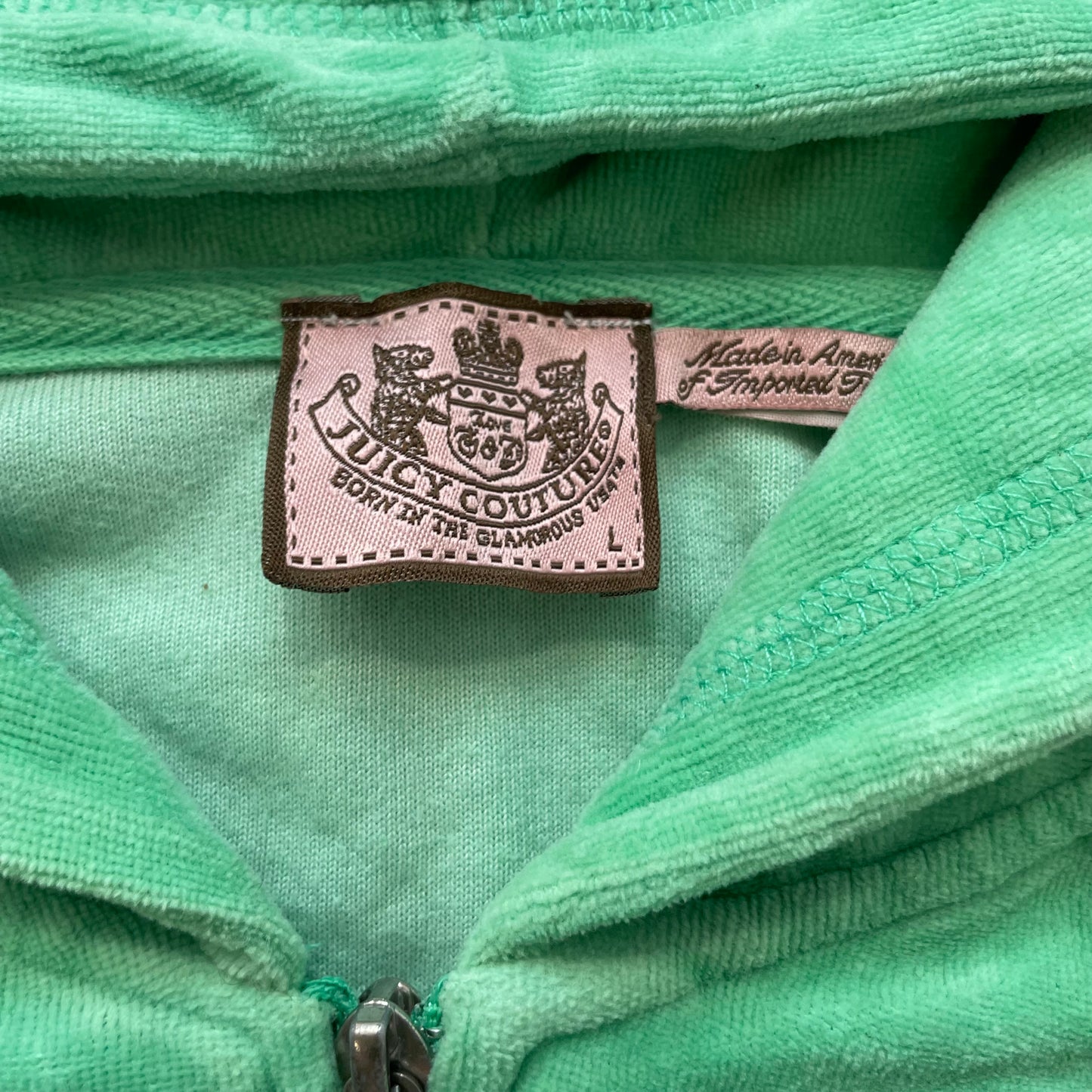 Vintage Juicy Couture Womens Green Velour Zip-Up Hoodie Loungewear Pocket Size L