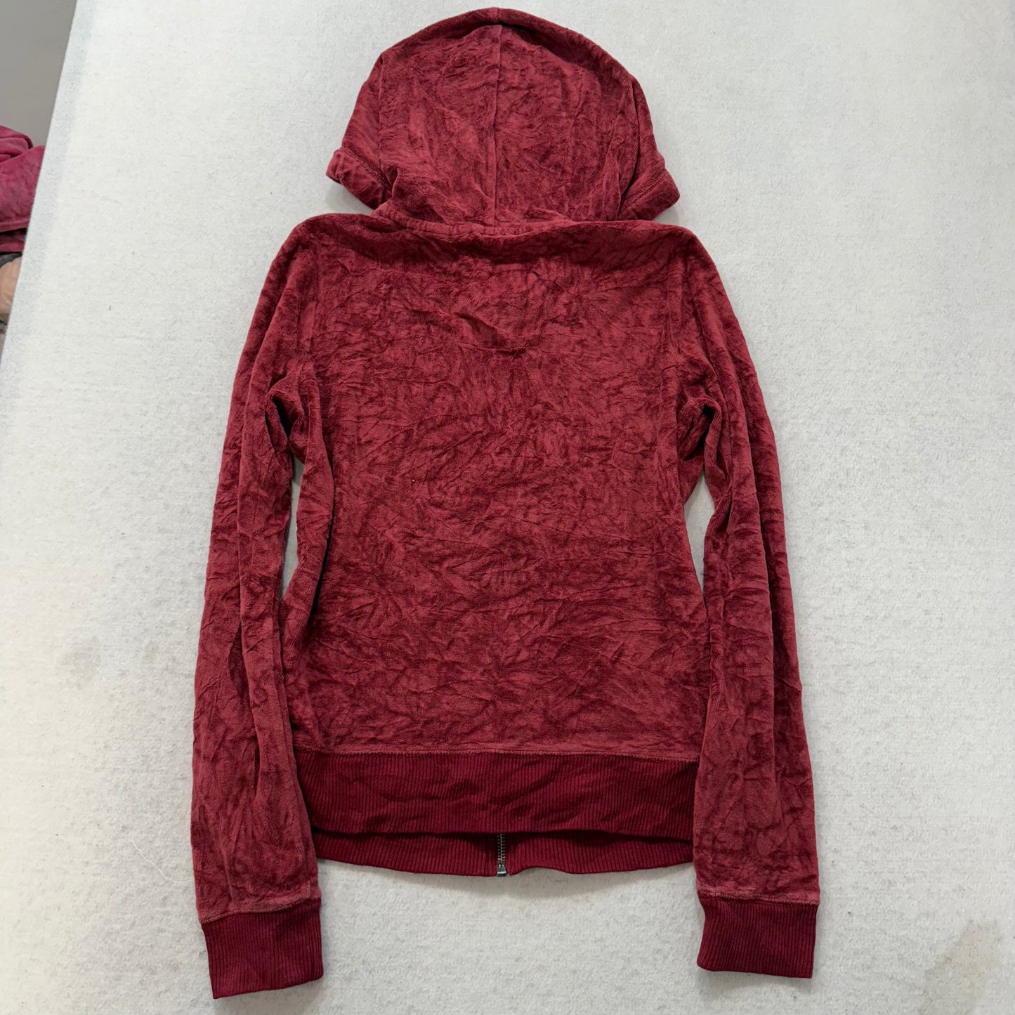 Hollister Women's Burgundy Velour Zip Up Slim Fit Hoodie Loungewear Logo Size M