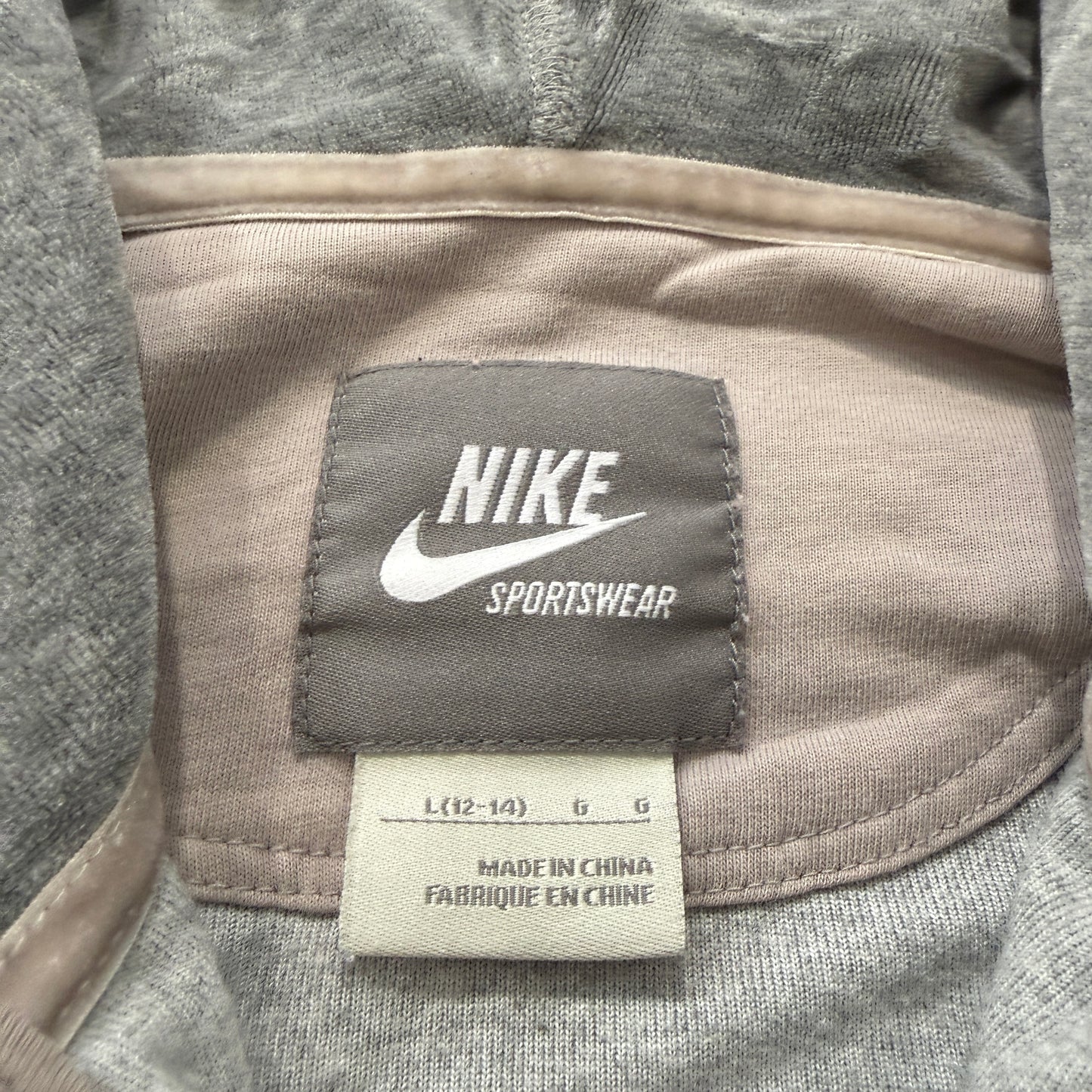 Nike Sportswear Women Grey Velour Zip-Up Hoodie Pockets Drawstring Casual Size L