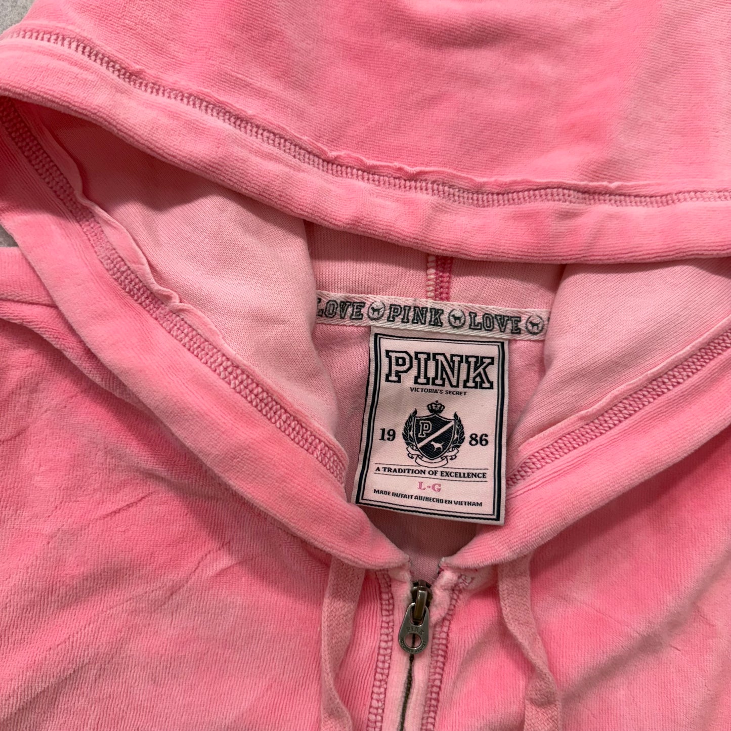 PINK Victoria's Secret Women's Pink Velour Zip-Up Hoodie Long Sleeves Size L