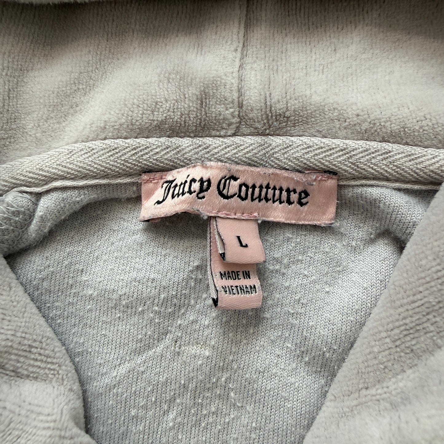 Juicy Couture Women's Grey Velour Zip-Up Hoodie Drawstring Pockets Metal Size L