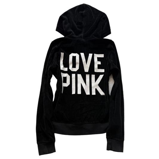 PINK Victoria's Secret Women's Black Velour Full Zip Hoodie Graphic Logo Size S