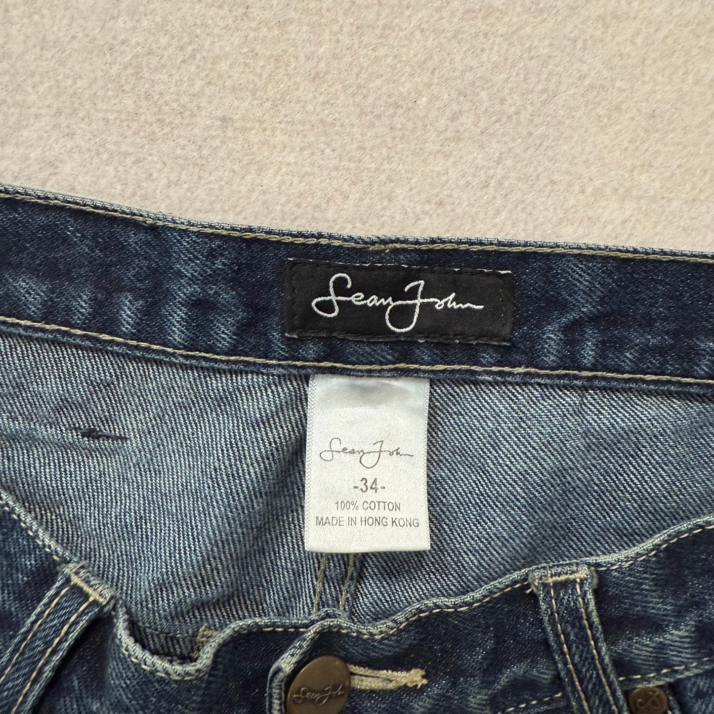 Sean John Dark Blue Denim Jeans Straight Leg Embroidered Logo 100% Cotton Size 34