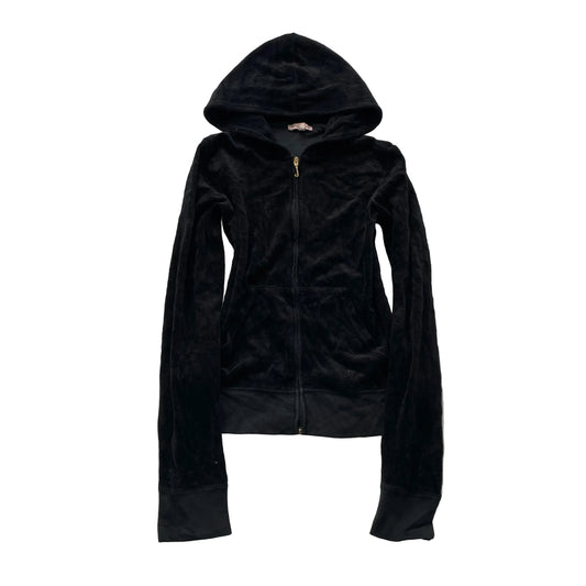 Juicy Couture Women's Jet Black Velour Full Zip Hoodie Pockets Streetwear Size M