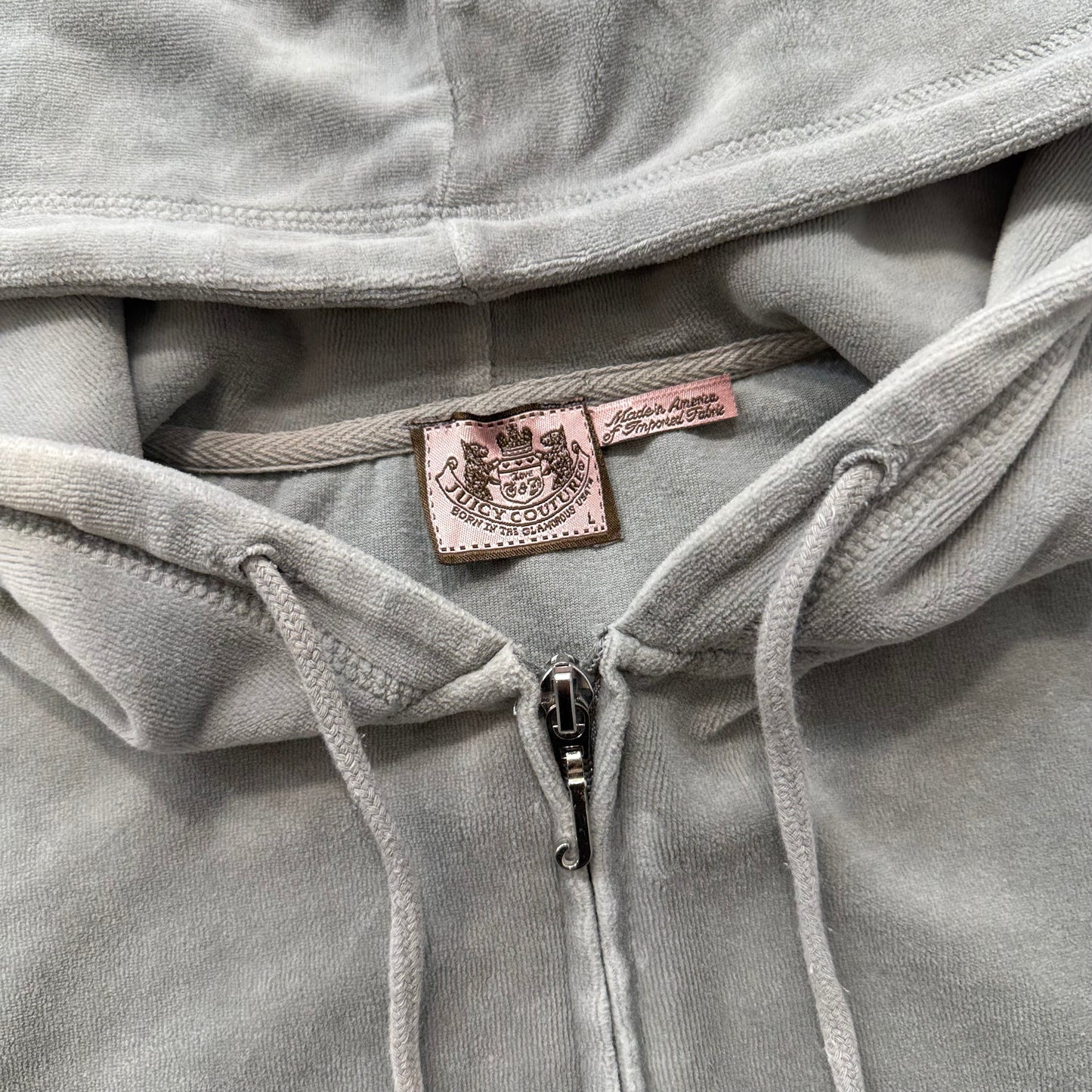 Vintage Juicy Couture Womens Gray Velour Zip-Up Hoodie Pockets Drawstring Size L