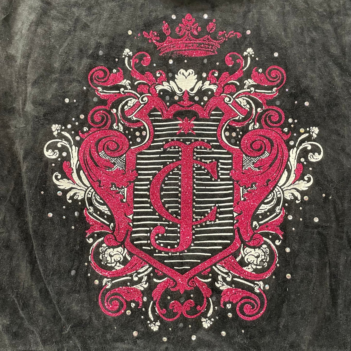 Juicy Couture Womens Black Velour Zip-Up Hoodie Pink Glitter Graphic Logo Size S