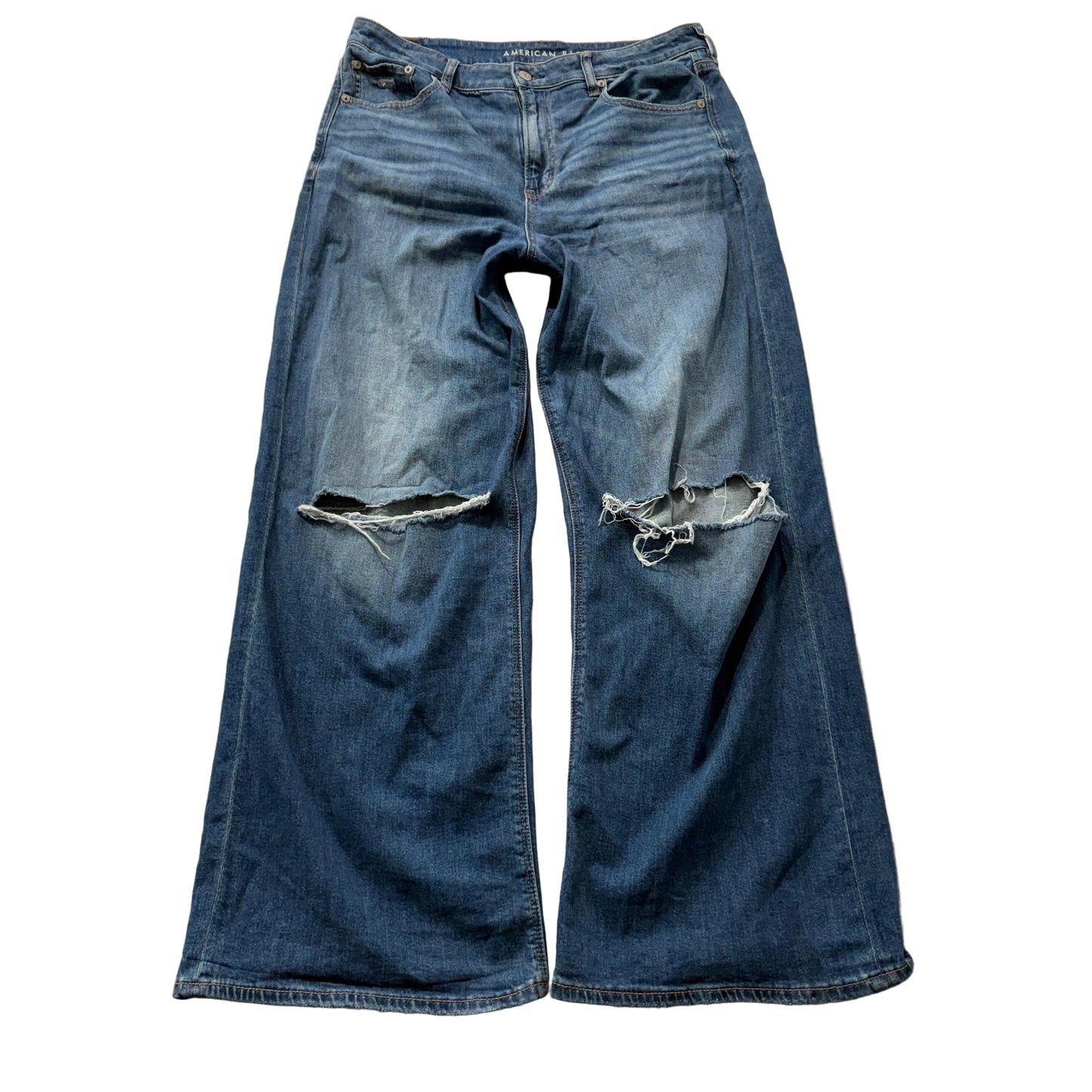 American Eagle Women's Blue Flared Denim Jeans Ripped Knees Stretch Size W34