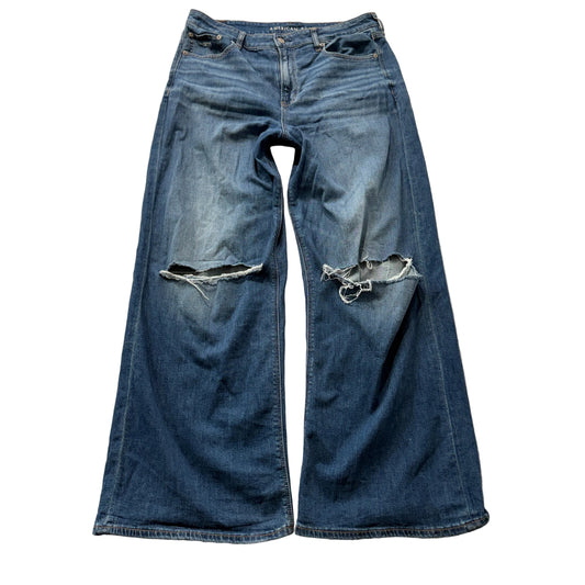 American Eagle Women's Blue Flared Denim Jeans Ripped Knees Stretch Size W34