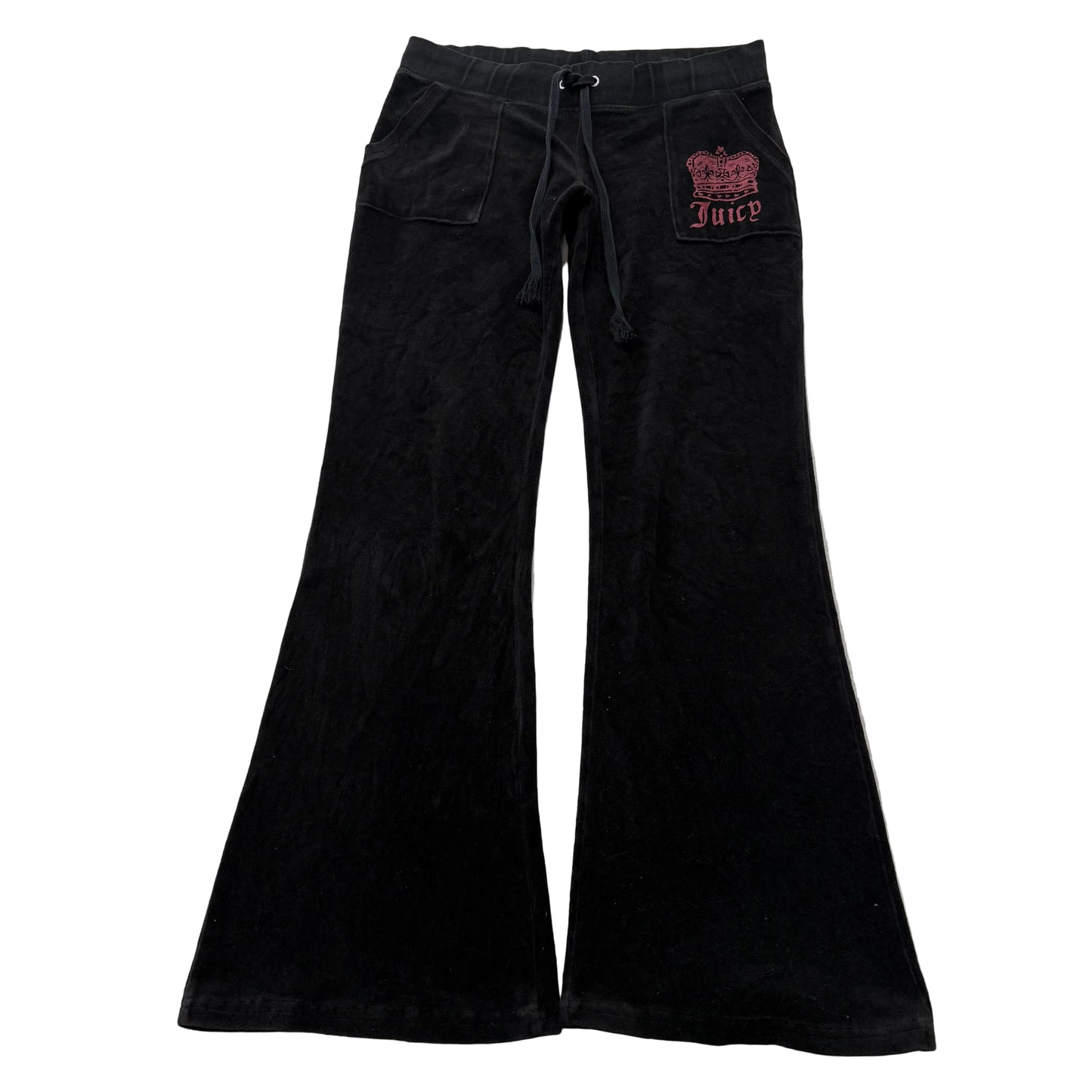 Juicy Couture Women's Black Velour Flared Track Pants Pockets Crown Logo Size S