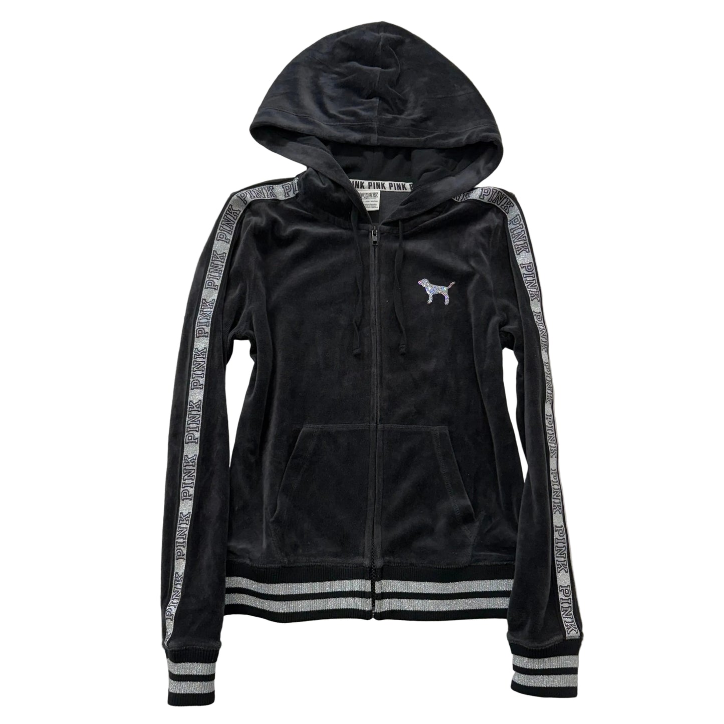 Vintage Victoria’s Secret PINK Black Velour Zip Hoodie Sequin Dog Size XS