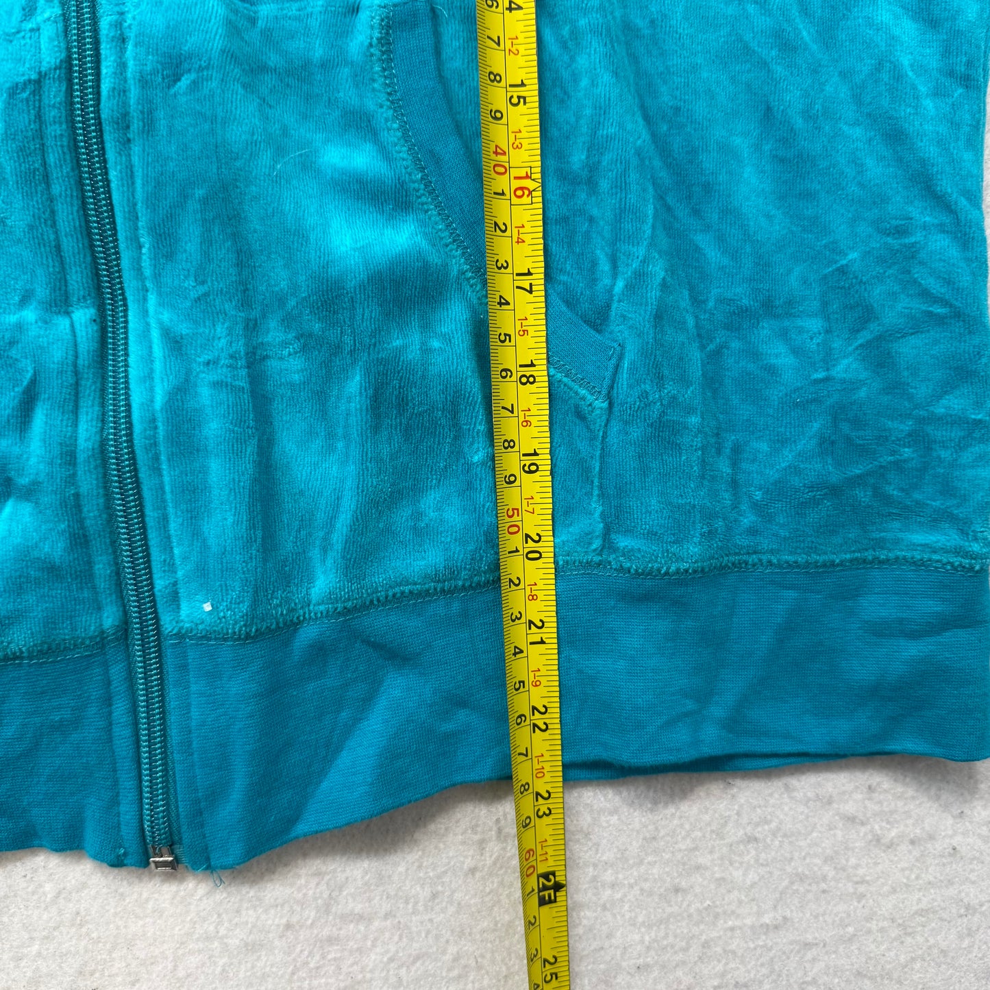 Juicy Couture Women's Teal Velour Full Zip Hoodie Split Kangaroo Pockets Size XL
