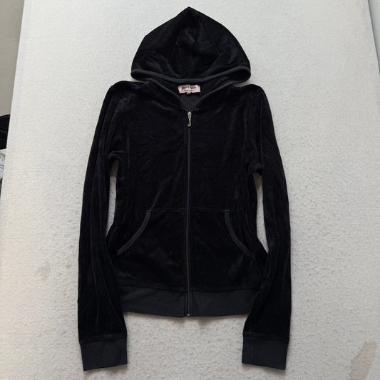 Juicy Couture Black Velour Tracksuit Set Hoodie & Pant Rhinestones Crown Size XL