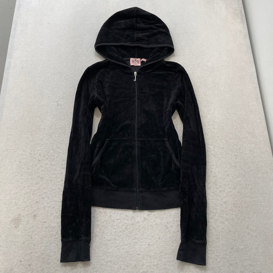 Vtg Juicy Couture Women's Black Velour Tracksuit Set Hoodie & Flared Pant Size L