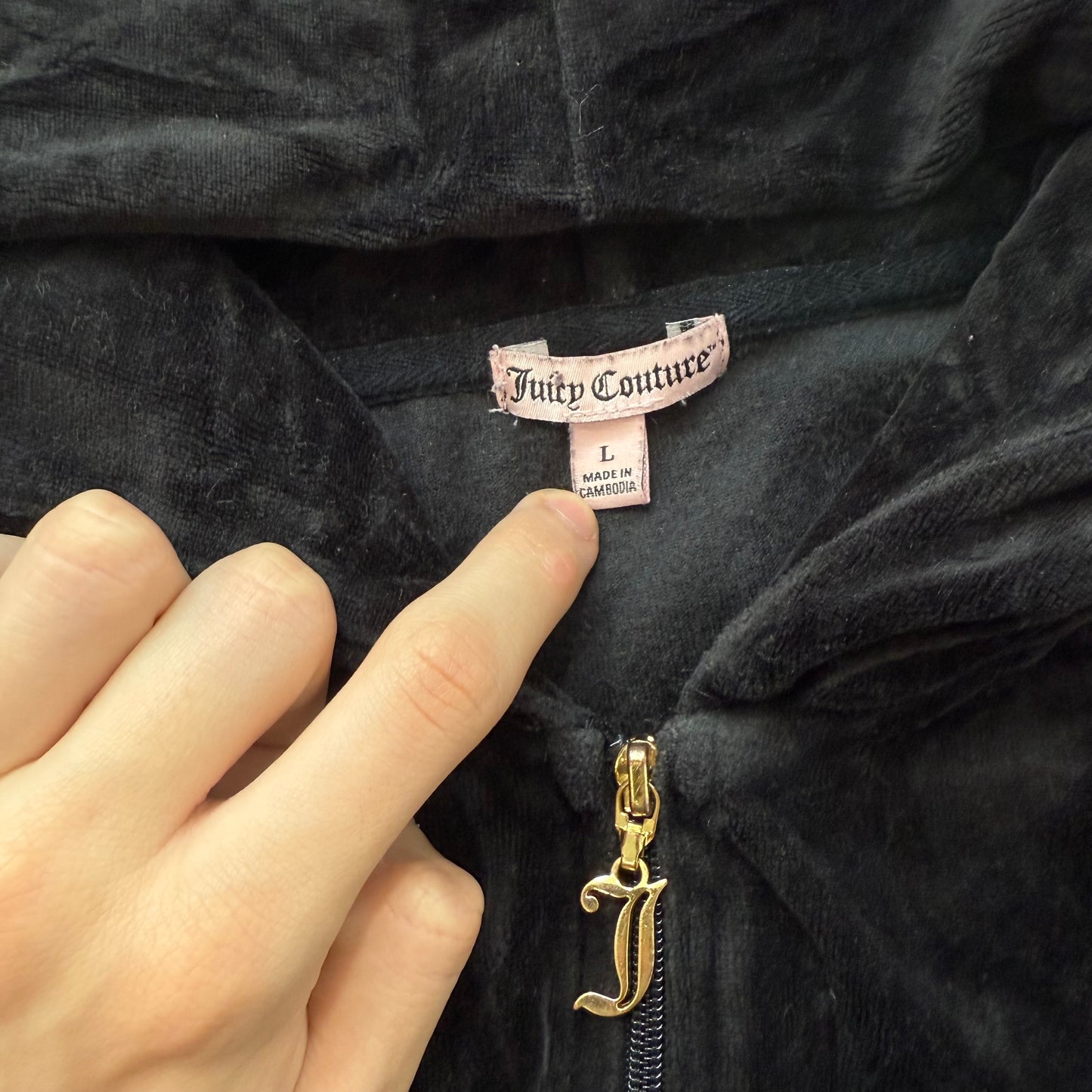 Juicy Couture Women's Black Velour Zip-Up Hoodie Rhinestones Accent Logo Size L