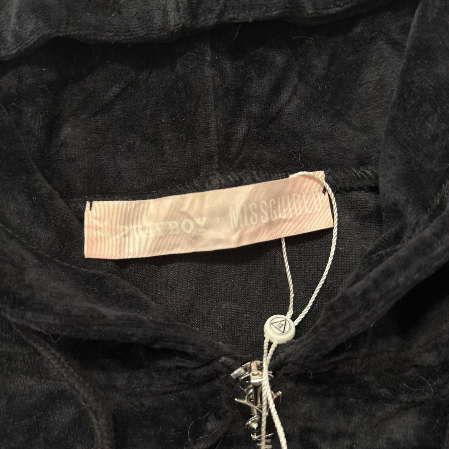 Playboy x Missguided Women Black Velour Zip-Up Cropped Hoodie Bunny Logo Size 16