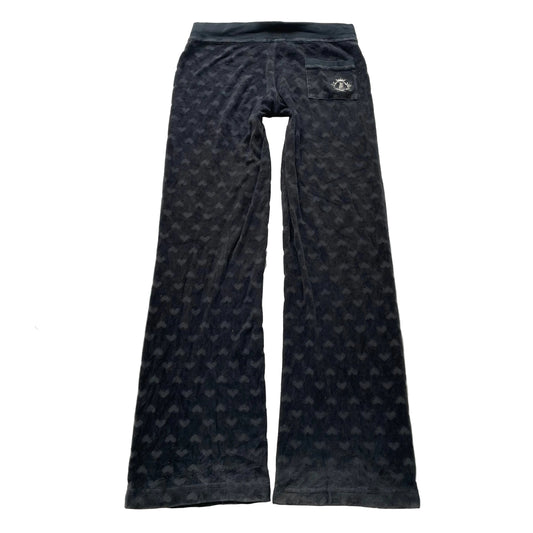 Juicy Couture Women Black Velour Flare Track Pant All-Over Embossed Heart Size P