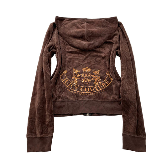 Juicy Couture Scottie Dogs Womens Dark Brown Velour Zip-Up Hoodie Pockets Size M