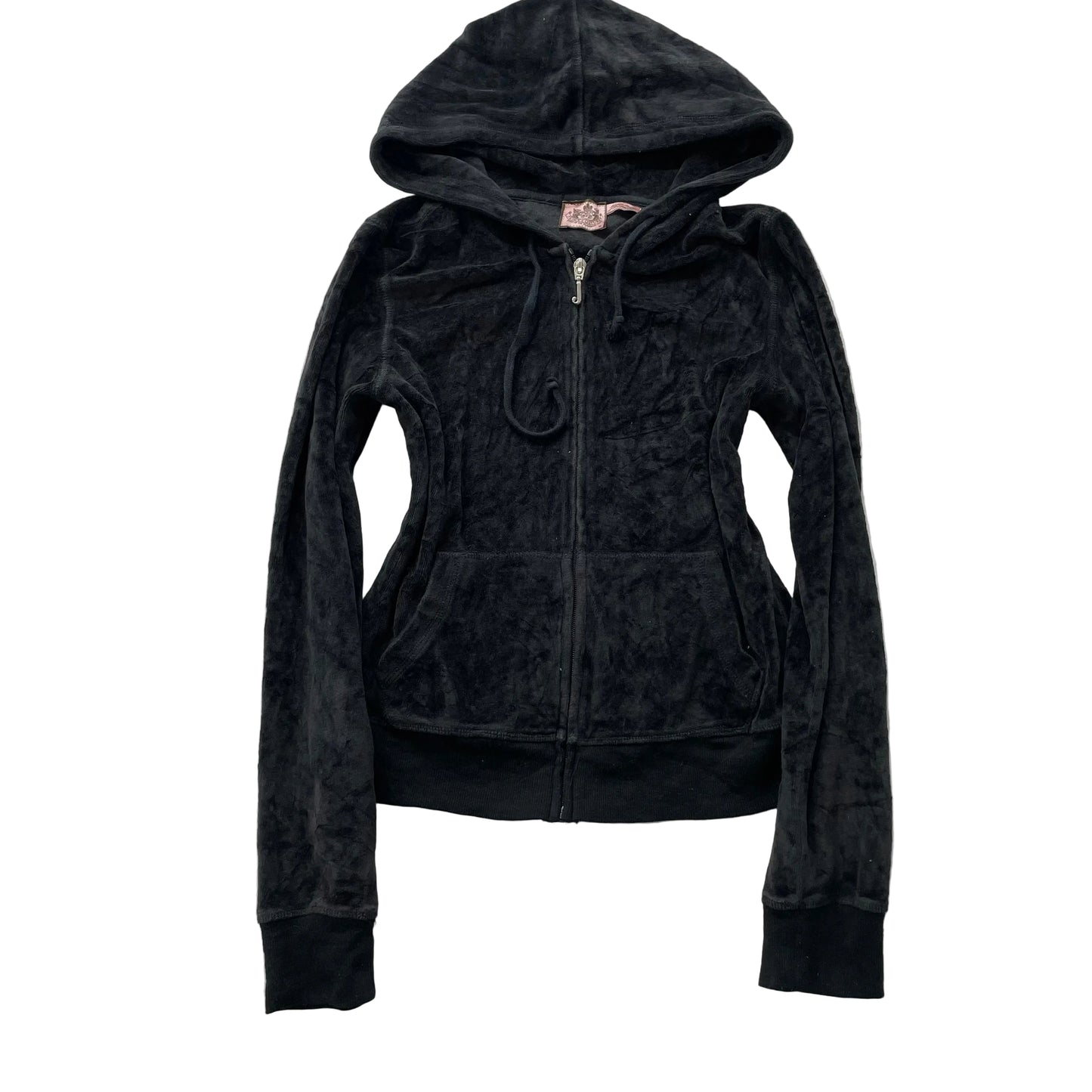 Juicy Couture Women's Black Velour Full Zip Hoodie Drawstring Pockets Y2k Size M