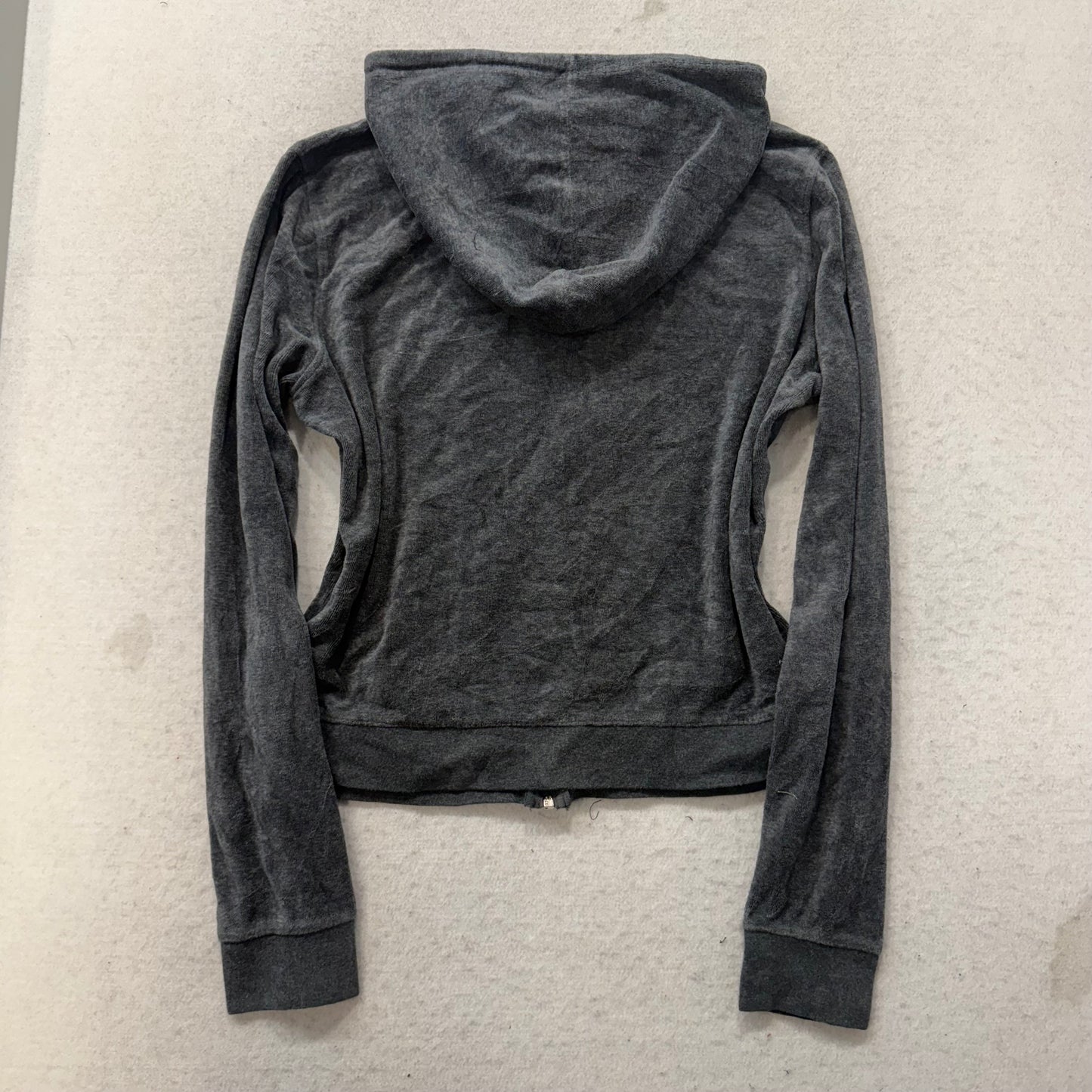 Juicy Couture Women Dark Gray Velour Zip-Up Hoodie Y2k Drawstring Pockets Size M