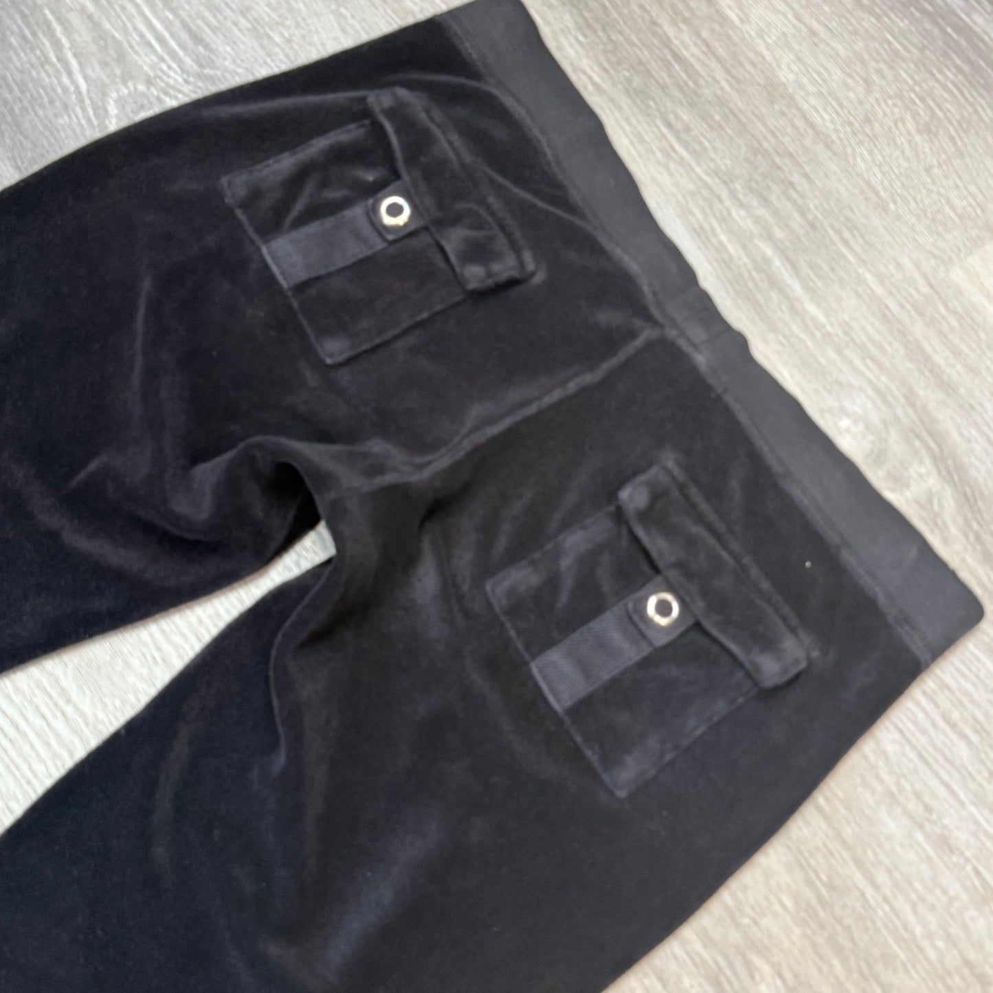 Vintage Juicy Couture Women's Black Terry Cloth Flared Track Pant Pockets Size S