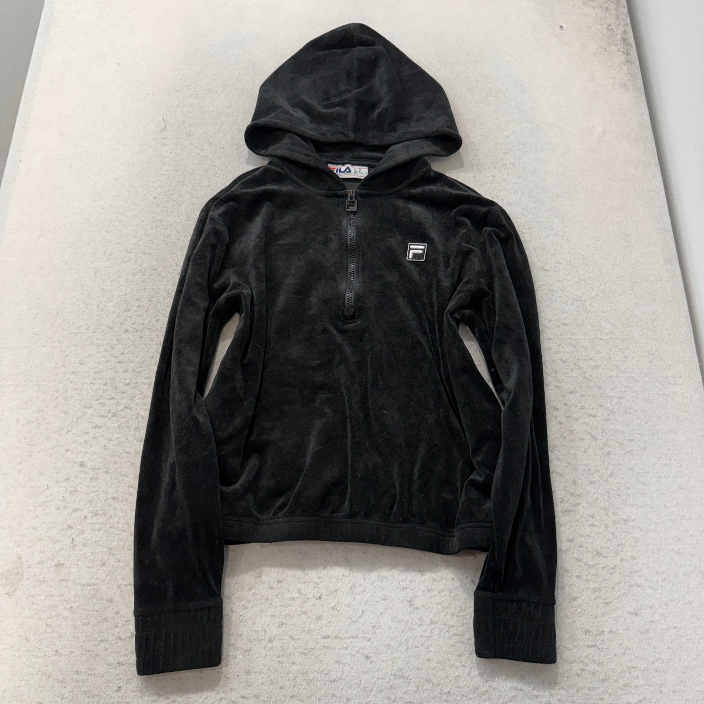 Fila Womens Black Fleece Hoodie Quarter Zip Logo Pullover Long Sleeve Top Size M