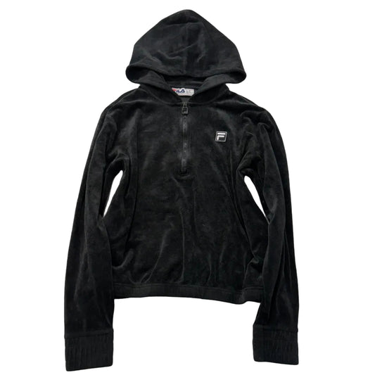 Fila Womens Black Fleece Hoodie Quarter Zip Logo Pullover Long Sleeve Top Size M