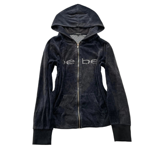 Bebe Women Charcoal Grey Velour Zip-Up Long Sleeve Hoodie Rhinestone Logo Size M