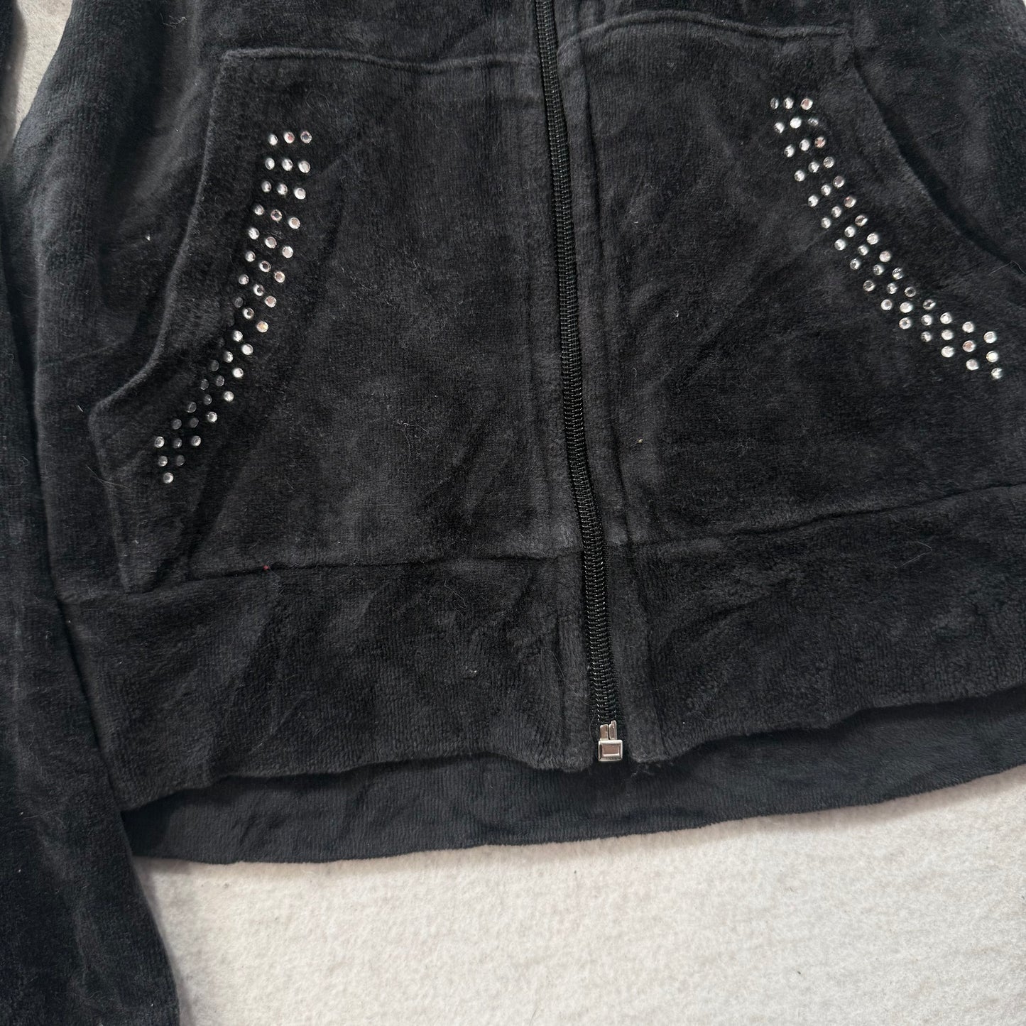 Juicy Couture Women's Black Velour Zip-Up Hoodie Floral Graphic Logo Size 10/12