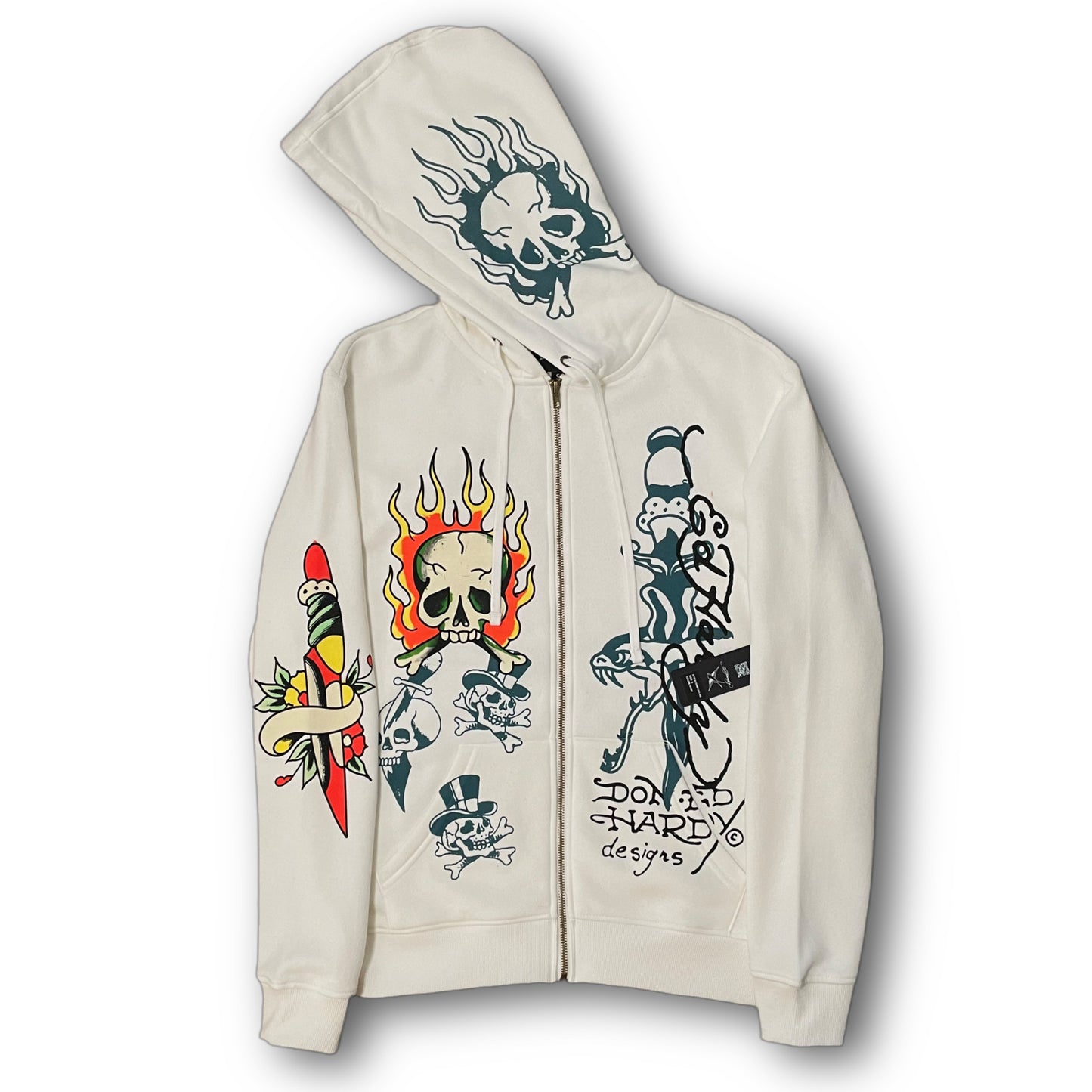 ED HARDY “flaming skull” WHITE ZIP UP HOODIE - Clean Curriculums 