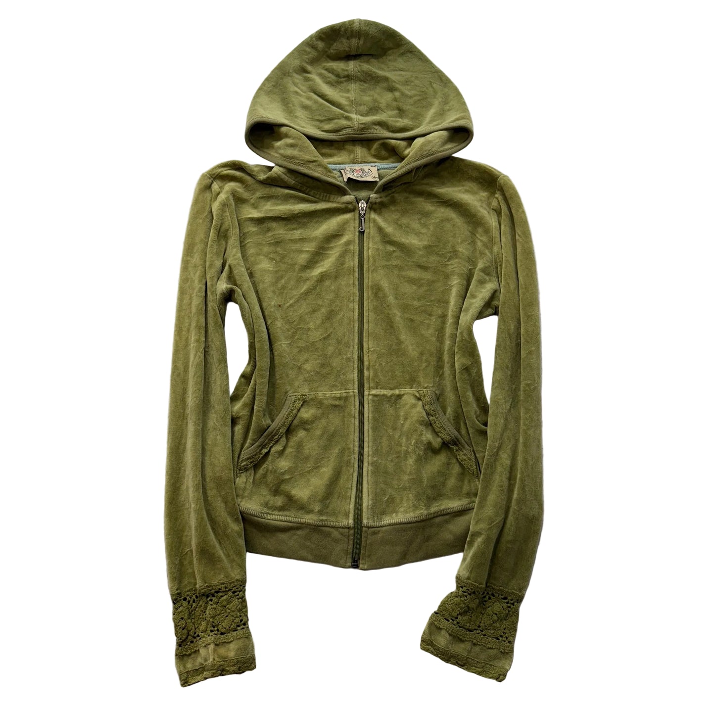 2003 Vintage Juicy Couture Women's Olive Green Velour Hoodie Lace Cuffs Size M
