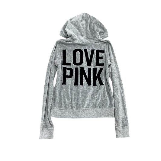 Vintage Victoria’s Secret PINK Gray Velour “LOVE PINK” Back Graphic Hoodie Size S - Clean Curriculums 