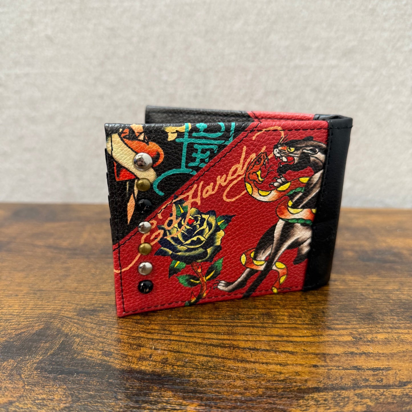 Ed Hardy Black Panther Tiger Tattoo Graphic Print Studded Leather Bifold Wallet