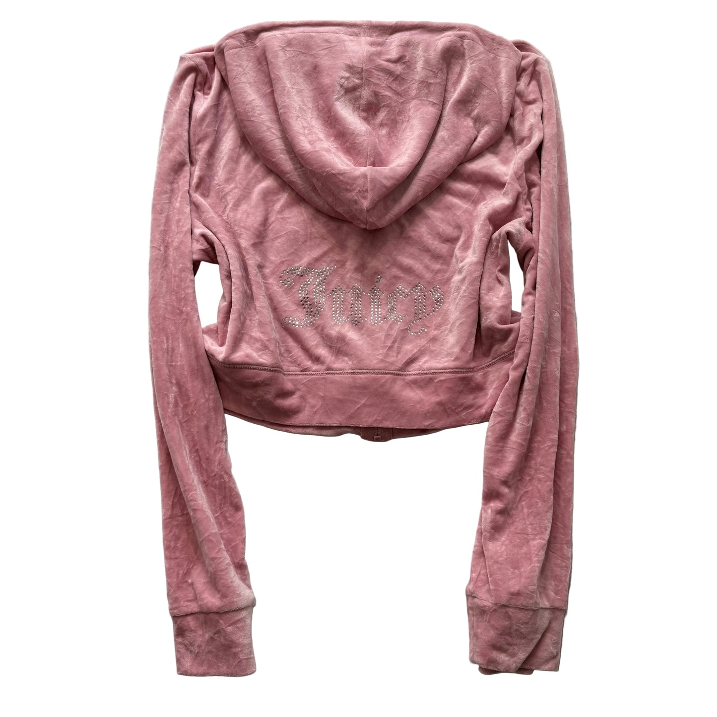 Juicy Couture Women's Pink Velour Zip-Up Cropped Hoodie Rhinestone Logo Size 2XL