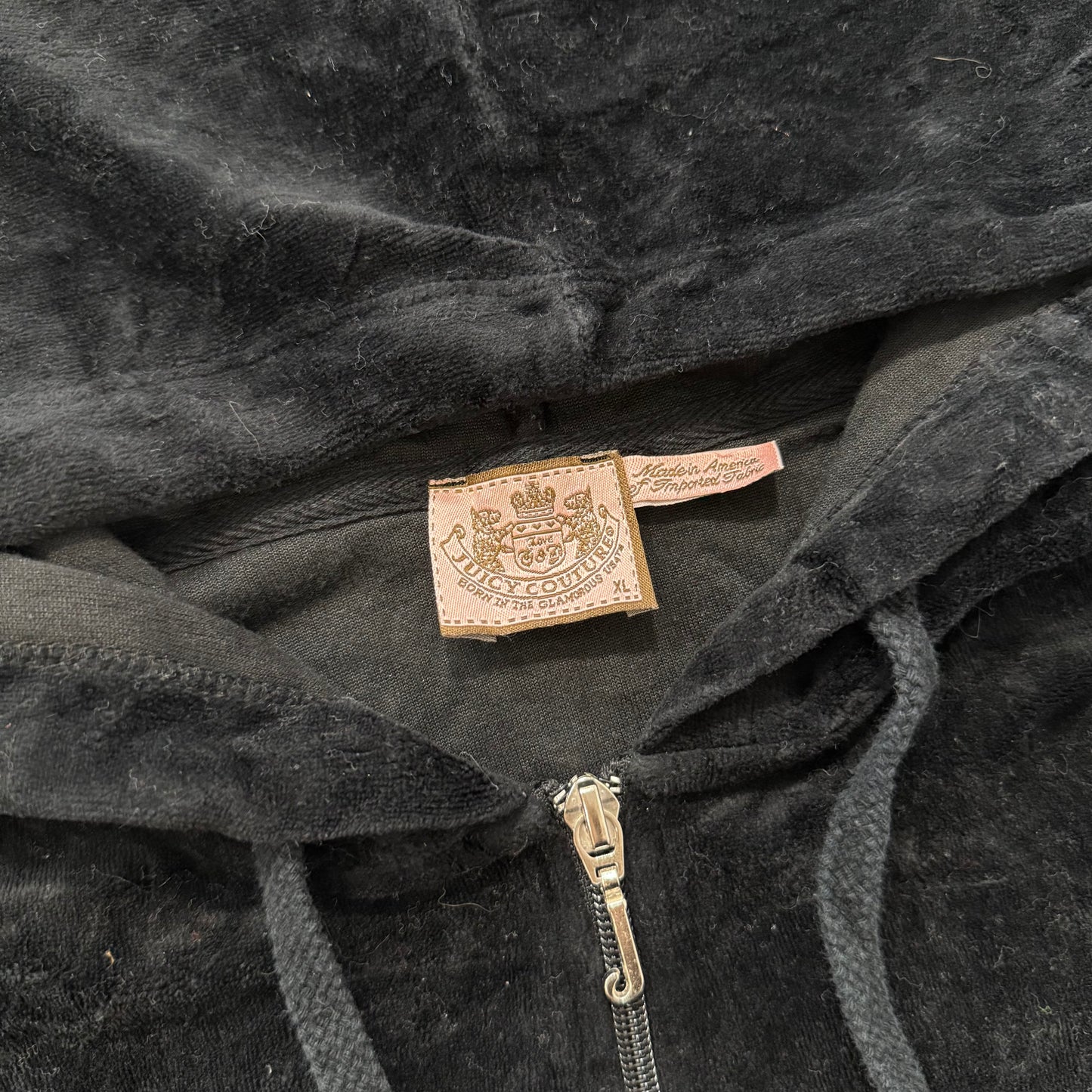 Juicy Couture Women's Black Velour Zip-Up Hoodie Long Sleeve Drawstring Size XL
