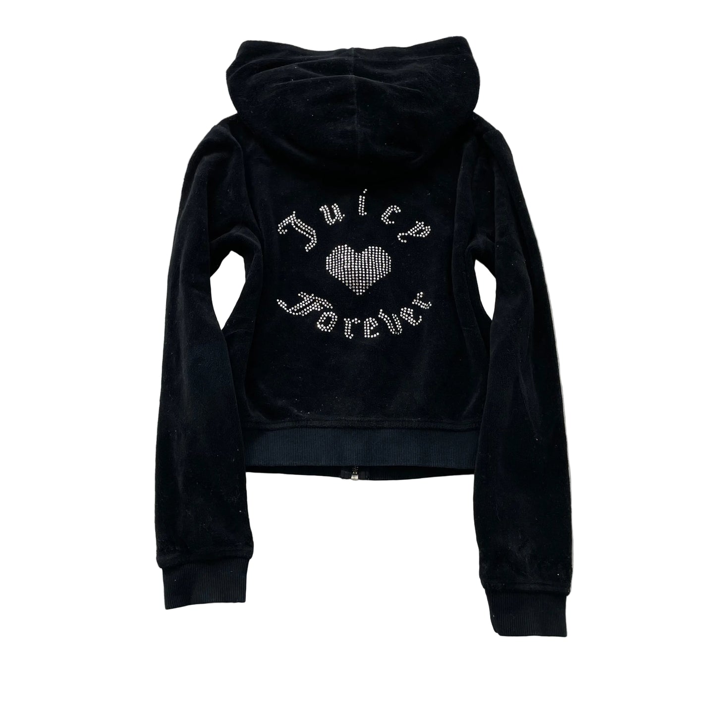Juicy Couture Women's Black Velour Zip-Up Hoodie Drawstring Pockets Logo Size S