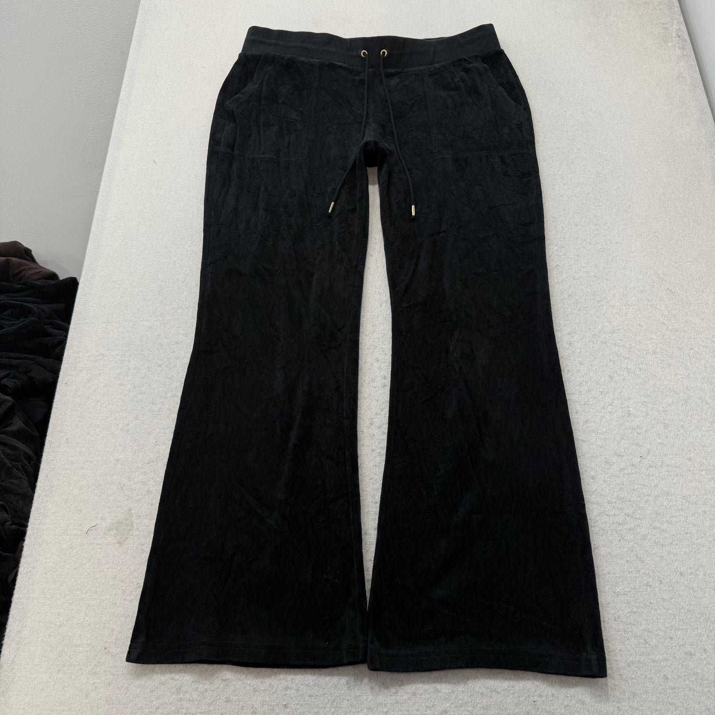 Juicy Couture Women's Black Velour Flared Track Pants Back Snap Pockets Size L