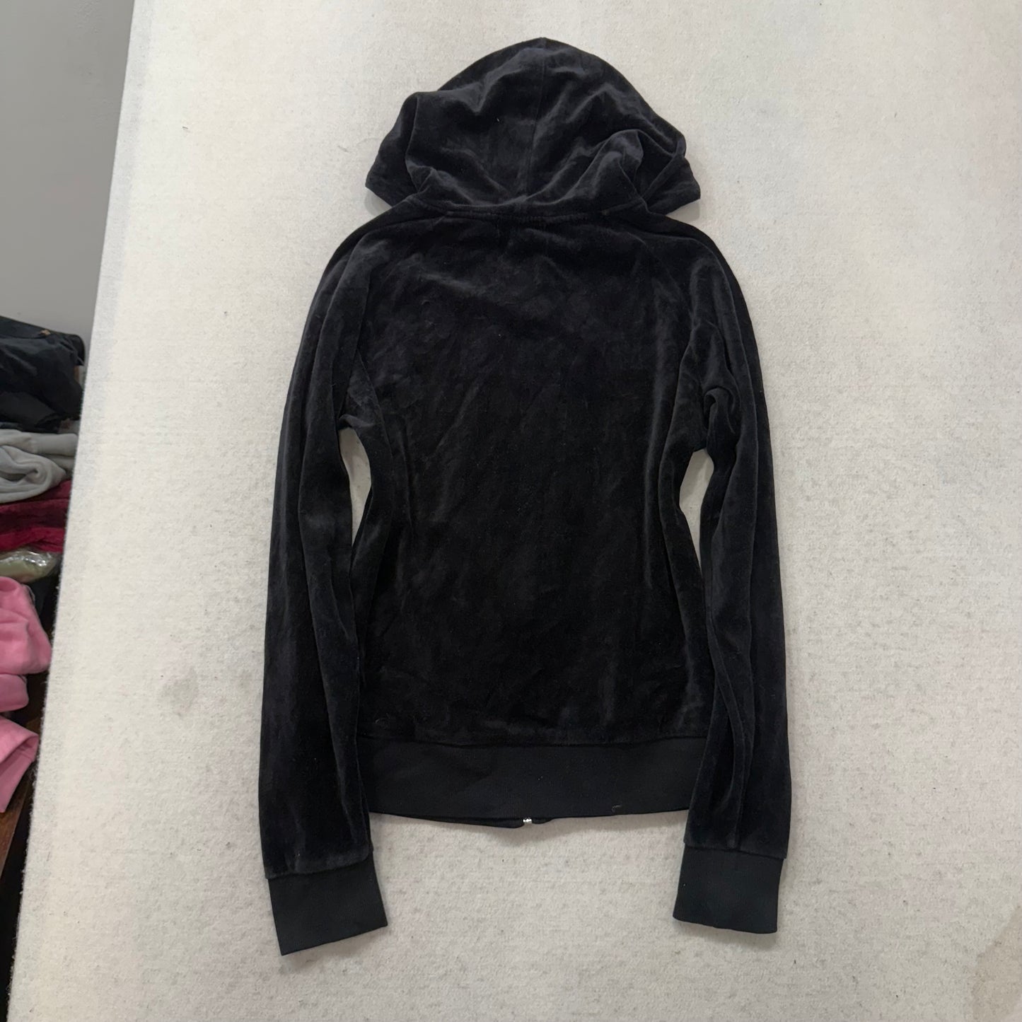 Vintage Juicy Couture Women's Black Velour Zip Up Hoodie Loungewear Y2K Size L