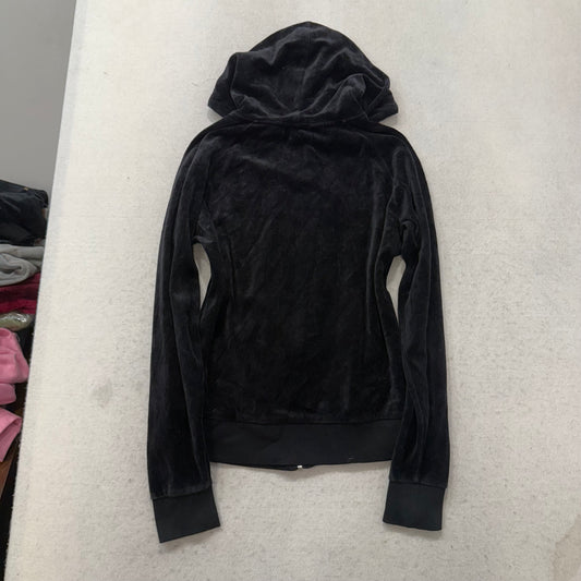 Vintage Juicy Couture Women's Black Velour Zip Up Hoodie Loungewear Y2K Size L