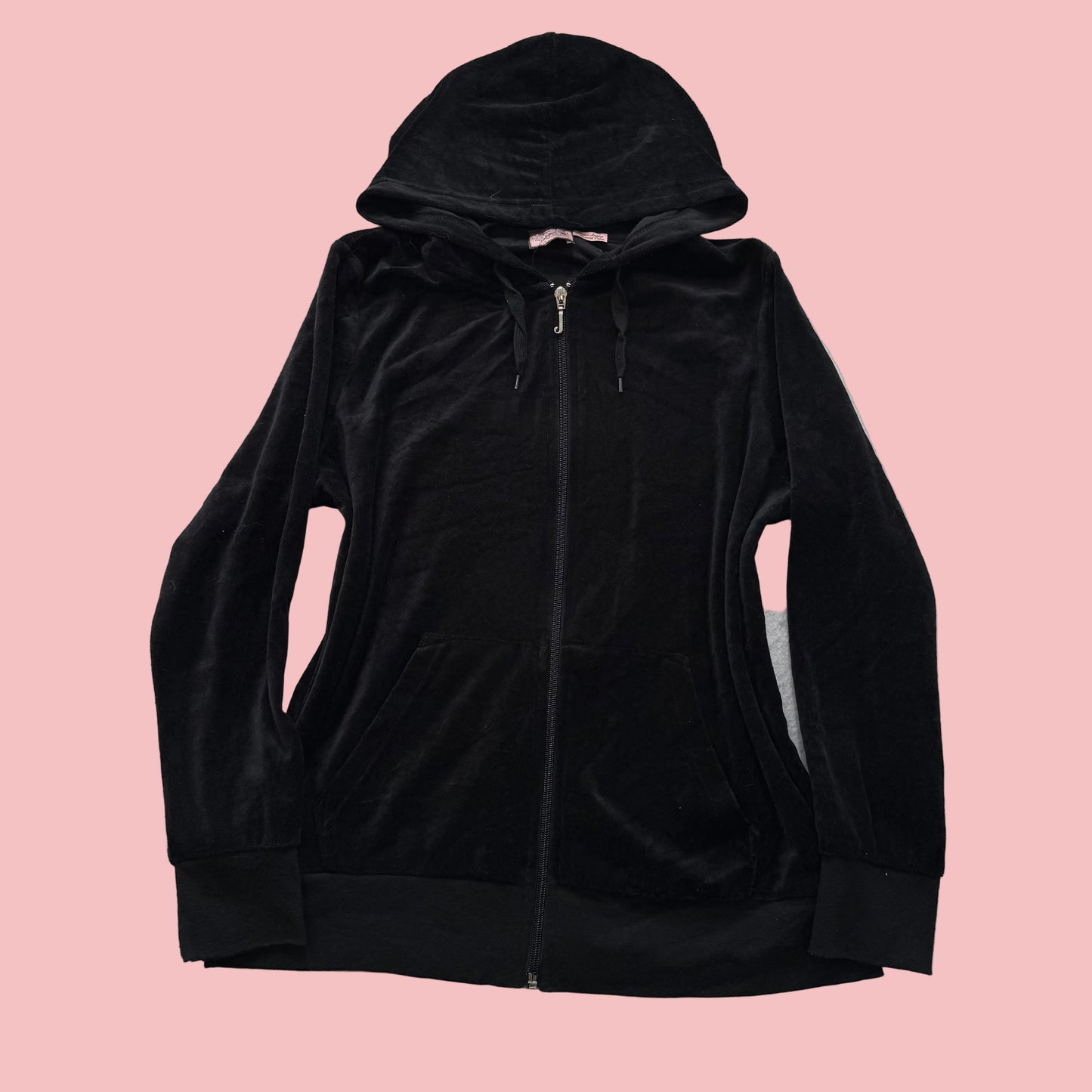 Juicy Couture Women's Black Velour Full Zip Hoodie Drawstring Pockets Y2k Size M