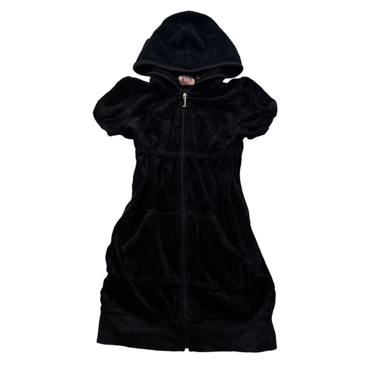 Juicy Couture Women's Black Velour Short Sleeve Hoodie Dress Pockets Size 8