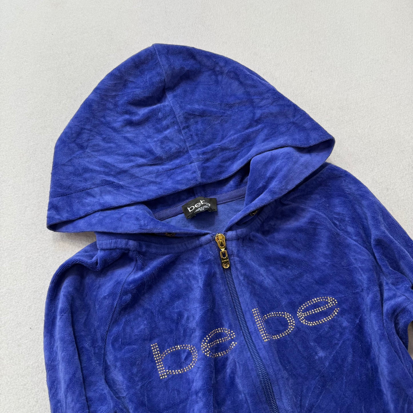 Bebe Women's Cobalt Blue Velour Zip Up Hoodie Loungewear Sequins Logo Y2K Size S
