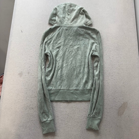 Vintage Juicy Couture Women's Sage Green Velour Zip-Up Hoodie Pockets Y2k Size S