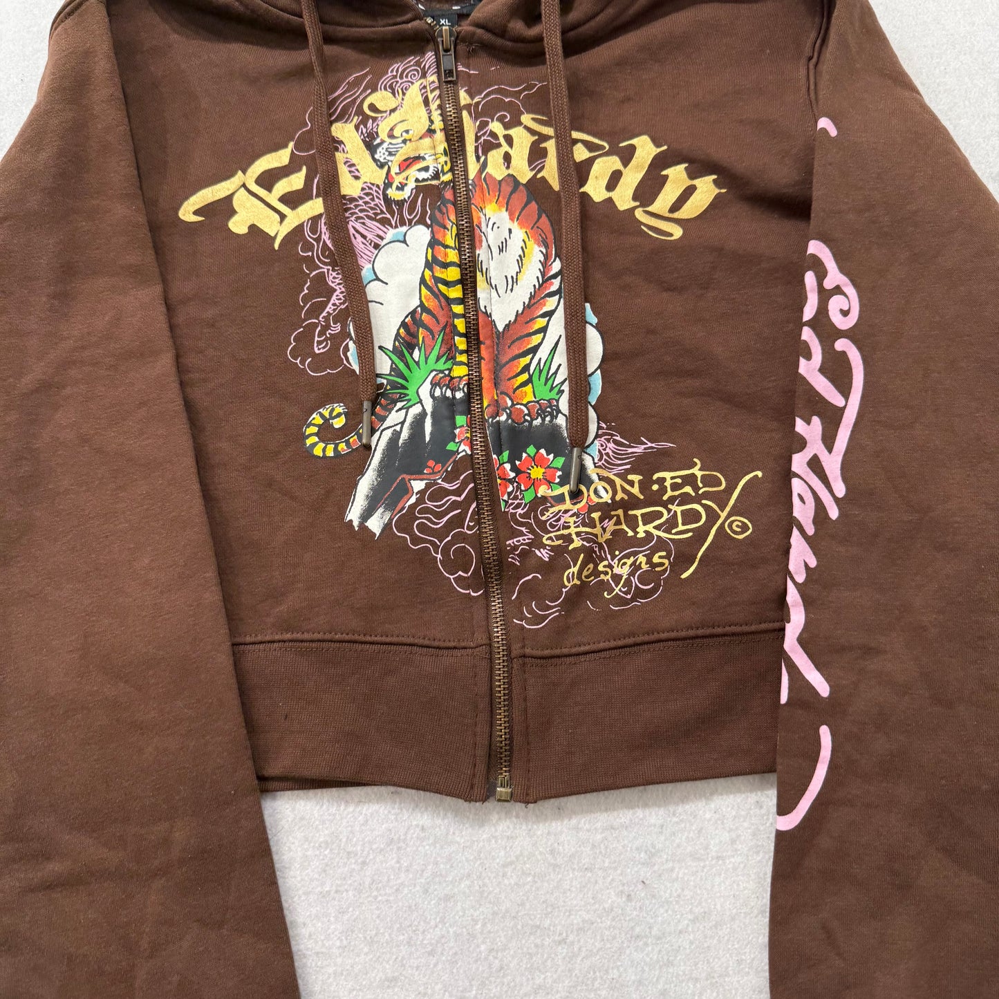 Ed Hardy Women's Brown Zip Up Cropped Hoodie Long Sleeves Tiger Graphic Size XL