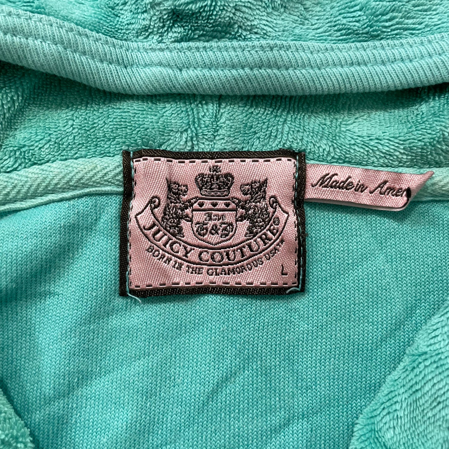 Vintage Juicy Couture Womens Teal Terry Cloth Hoodie Short Sleeve Graphic Size L