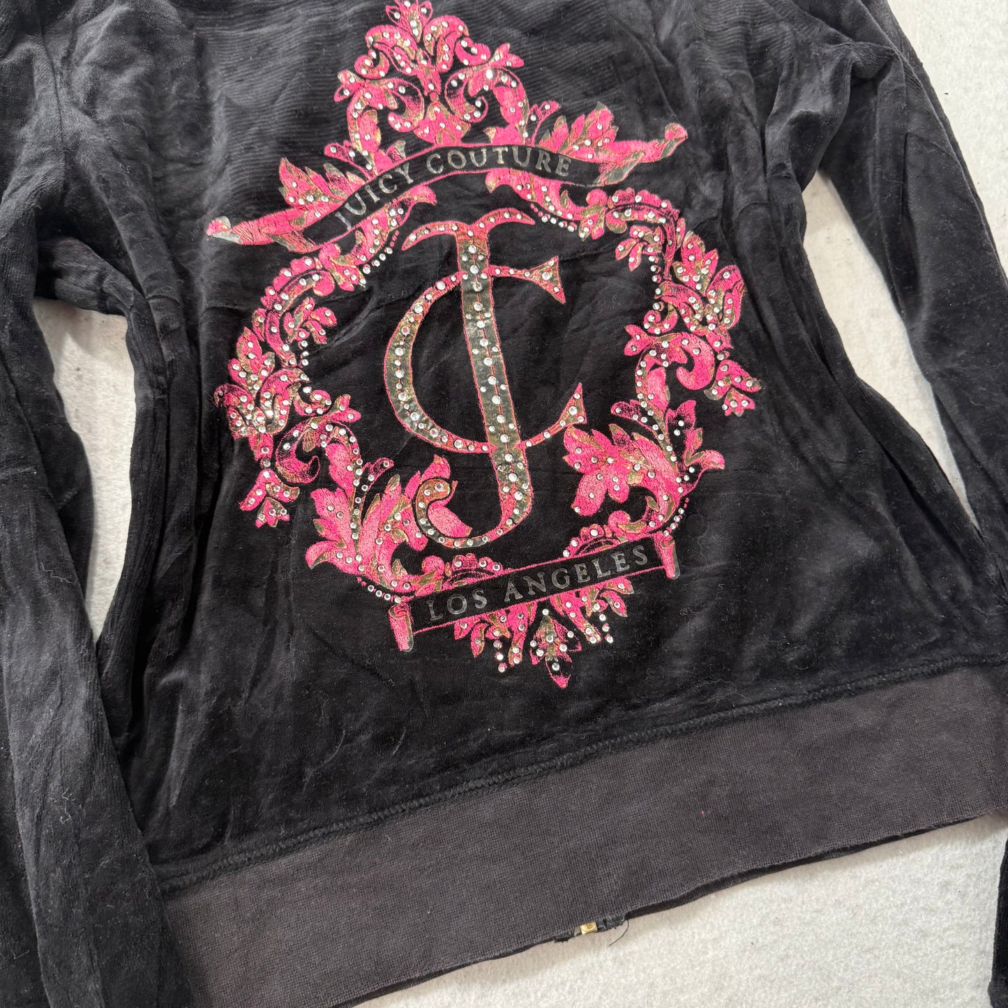 Juicy Couture Los Angeles Women's Black Velour Zip-Up Hoodie Crest logo Size L