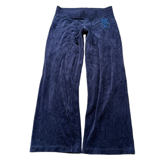 Juicy Couture Women's Navy Velour Flared Leg Track Pant Rhinestones Logo Size M