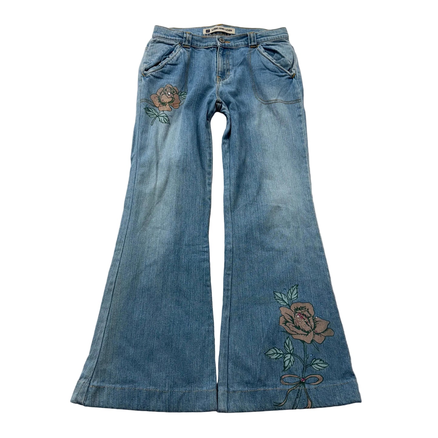 Gap Long and Lean Women's Blue Denim Slim Bootcut Jeans Embroidered Rose Size 14