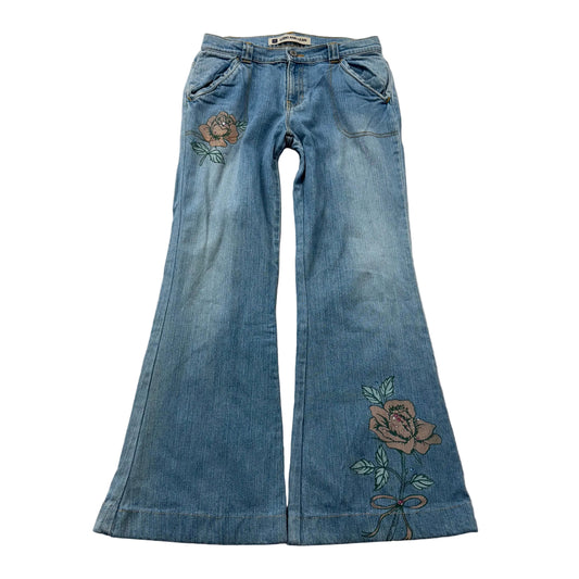 Gap Long and Lean Women's Blue Denim Slim Bootcut Jeans Embroidered Rose Size 14