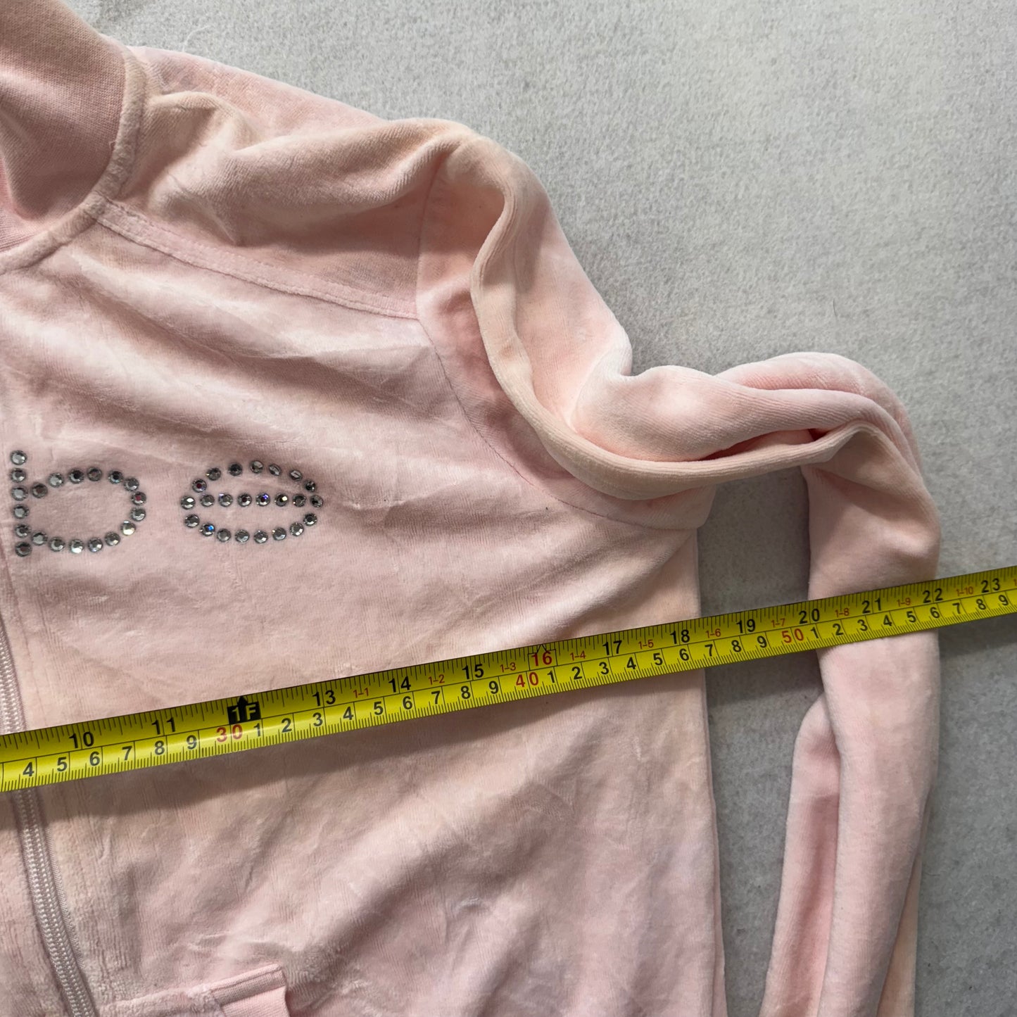 Bebe Women's Pastel Pink Velour Full Zip Track Jacket Rhinestones Logo Size M